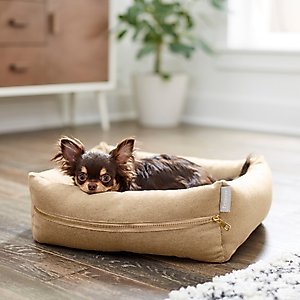Frisco Faux Felt Reversible Modern Zipper Bolster Cat & Dog Bed, Tan, Small