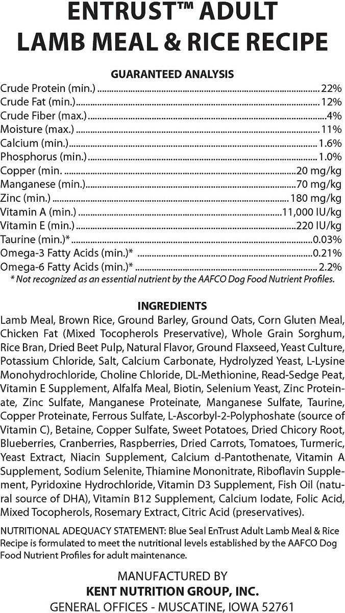 BLUE SEAL EnTrust Adult Lamb Meal Rice Recipe Dry Dog Food 40