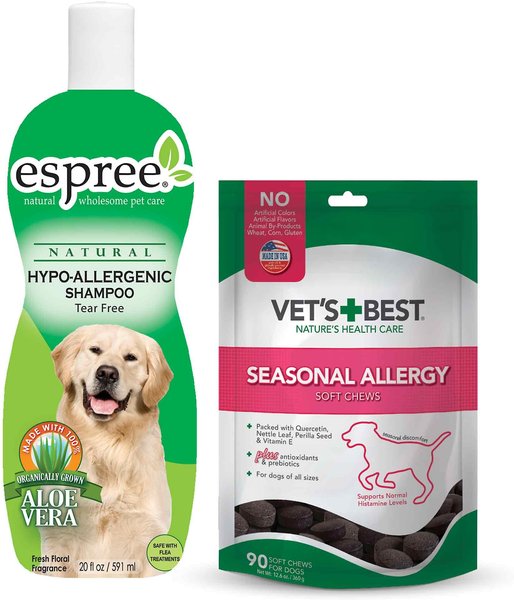Espree Hypo-Allergenic Tear-Free Aloe Vera Dog & Cat Shampoo, 20-oz & Vet's Best Seasonal Allergy Soft Chews Dog Supplement slide 1 of 4