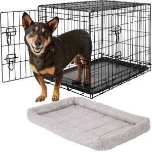 Frisco Fold & Carry Double Door Collapsible Wire Dog Crate, 30 inch & Frisco Gray Basket Weave Dog Crate Mat, 30-in