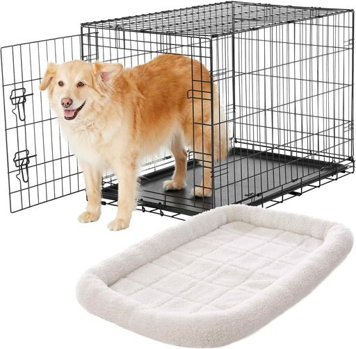 Frisco Fold & Carry Single Door Collapsible Wire Dog Crate, 36 inch & Frisco Quilted Dog Crate Mat, Ivory, 36-in