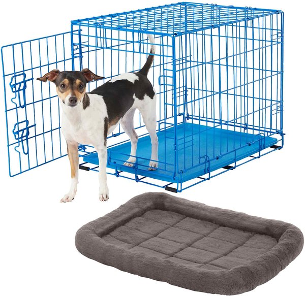 Frisco Fold & Carry Single Door Collapsible Wire Dog Crate, Blue, 24 inch & Frisco Quilted Plush Dog Crate Mat, Gray, 24-in slide 1 of 5