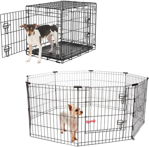 Frisco Heavy Duty Fold & Carry Double Door Collapsible Wire Dog Crate, 24 inch & Frisco Wire Dog Exercise Pen with Step-Through Door, Black, 24-in slide 1 of 5