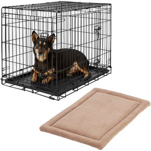 Frisco Heavy Duty Fold & Carry Double Door Collapsible Wire Dog Crate, 30 inch & Frisco Micro Terry Dog Crate Mat, Taupe, 30-in