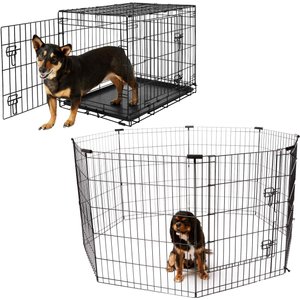 Frisco Heavy Duty Fold & Carry Double Door Collapsible Wire Dog Crate, 30 inch & Frisco Wire Dog Exercise Pen with Step-Through Door, Black, 30-in