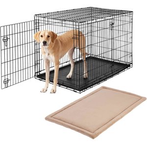 Frisco Heavy Duty Fold & Carry Double Door Collapsible Wire Dog Crate, 48 inch & Frisco Micro Terry Dog Crate Mat, Taupe, 48-in