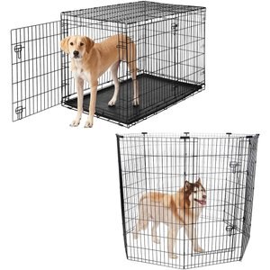 Frisco Heavy Duty Fold & Carry Double Door Collapsible Wire Dog Crate, 48 inch + Wire Dog Exercise Pen with Step-Through Door, Black, 48-in