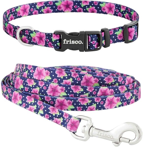 Frisco Midnight Floral Dog Leash, Medium: 4-ft long, 3/4-in wide & Frisco Midnight Floral Dog Collar, Medium: 14 to 20-in neck, 3/4-in wide slide 1 of 5