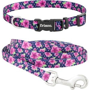 Frisco Midnight Floral Dog Leash, Medium: 4-ft long, 3/4-in wide & Frisco Midnight Floral Dog Collar, Medium: 14 to 20-in neck, 3/4-in wide