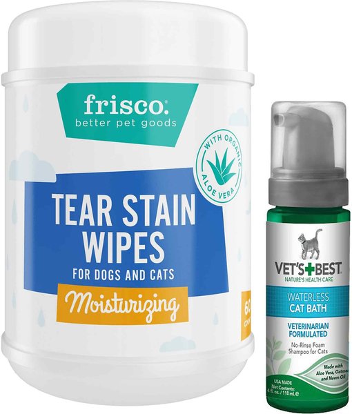 Frisco Moisturizing Tear Stain Wipes with Organic Aloe for Dogs & Cats & Vet's Best Waterless Cat Bath, 4-oz bottle slide 1 of 5