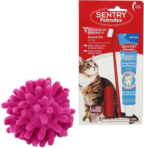 Frisco Moppy Ball Cat Toy, Pink & Sentry Petrodex Veterinary Strength Malt Toothpaste Dental Care Kit for Cats