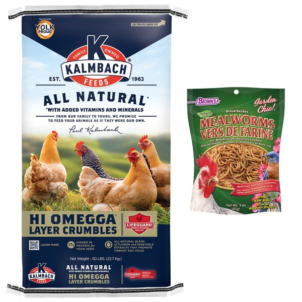 Kalmbach Feeds All Natural 17% Protein Hi Omega Layer Crumbles Chicken Feed, 50-lb bag & Brown's Dried Mealworms for Wild Birds & Chickens, 3-oz bag slide 1 of 8