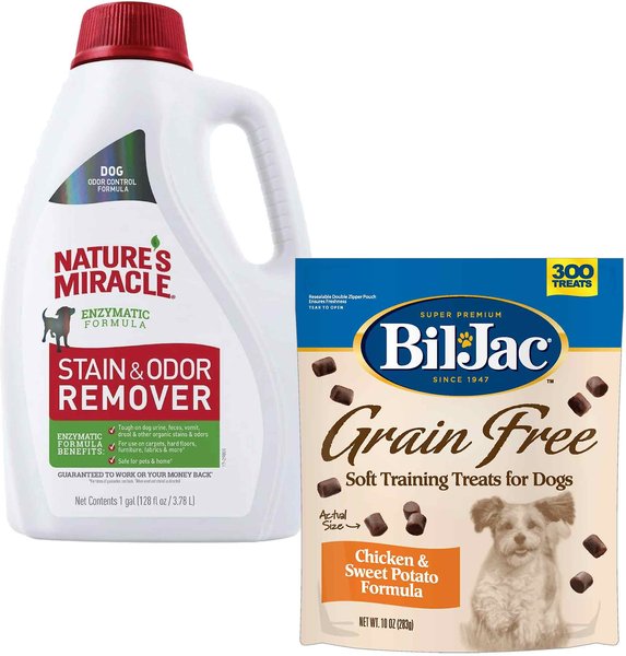 Nature's Miracle Dog Enzymatic Stain & Odor Remover, 1-gal bottle & Bil-Jac Grain-Free Chicken & Sweet Potato Training Dog Treats, 10-oz bag slide 1 of 5