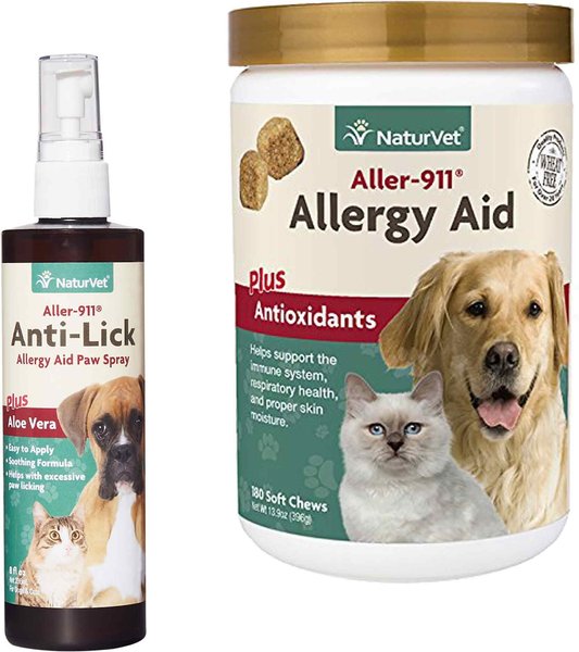 NaturVet Aller 911 Allergy Aid Anti-Lick Paw Plus Aloe Vera Dog & Cat Spray, 8-oz bottle & NaturVet Aller-911 Allergy Aid Plus Antioxidants Cat & Dog Soft Chews, 180 count slide 1 of 4