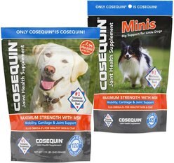 Nutramax Cosequin (DS) Plus MSM Soft Chews Joint Health Dog Supplement, 120 count & Nutramax Cosequin Maximum Strength with MSM Plus Omega-3's Mini Soft Chews Joint Health Small Dog Supplement, 45 count