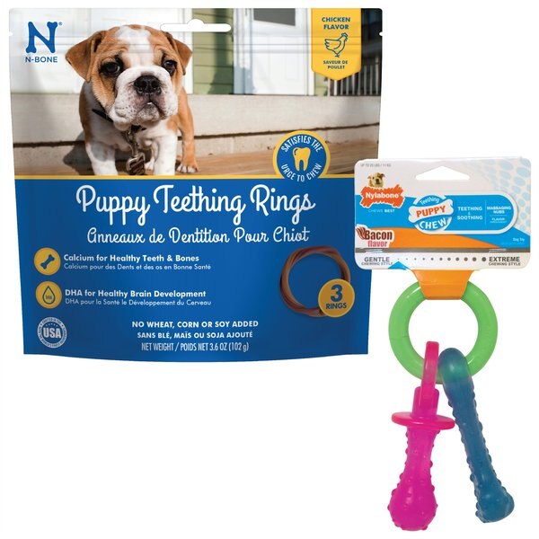 Nylabone Teething Pacifier Puppy Chew Toy & N-Bone Puppy Teething Ring Chicken Flavor Dog Treats slide 1 of 5