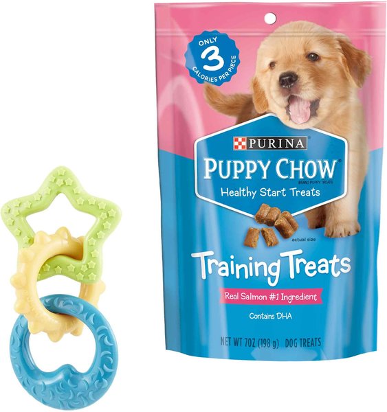 Nylabone Teething Rings Puppy Chew Toy & Puppy Chow Healthy Start Salmon Flavor Training Dog Treats slide 1 of 5