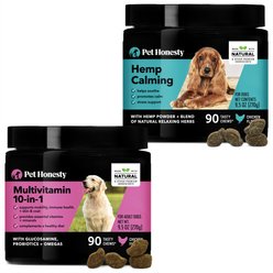 PetHonesty 10-for-1 Multivitamin with Glucosamine Snacks Soft Chews Dog Supplement, 90 count & PetHonesty Hemp Calming Anxiety & Hyperactivity Soft Chews Dog Supplement, 90 count