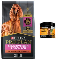 PetHonesty Allergy Relief Snacks Immunity Strength & Digestive Health Soft Chews Dog Supplement, 90 count & Purina Pro Plan Focus Adult Sensitive Skin & Stomach Salmon & Rice Formula Dry Dog Food, 30-lb bag