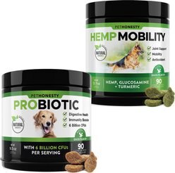 PetHonesty Probiotic Snacks Digestive Health Soft Chews Dog Supplement, 90 count & PetHonesty Hemp Mobility Snacks Hip + Joint Support Soft Chews Dog Supplement, 90 count