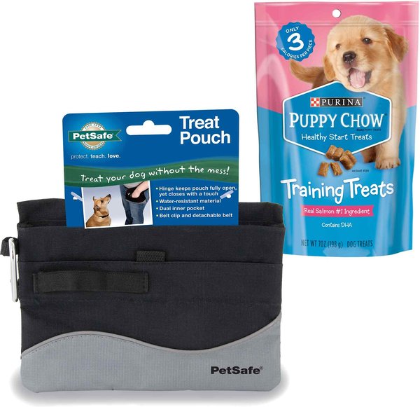 PetSafe Mini Treat Pouch, Black & Puppy Chow Healthy Start Salmon Flavor Training Dog Treats slide 1 of 4