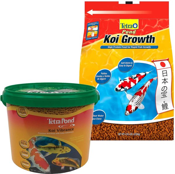 Tetra Pond Koi Vibrance Color Enhancing Sticks Koi & Goldfish Food, 3.08-lb bucket & Tetra Pond Koi Growth High Protein Koi & Goldfish Food, 4.85-lb bag slide 1 of 6