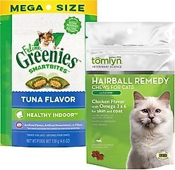 Tomlyn Laxatone Hairball Remedy Chicken Flavor Cat Chews, 60 count & Greenies Feline SmartBites Healthy Indoor Tuna Flavor Cat Treats, 4.6-oz bag