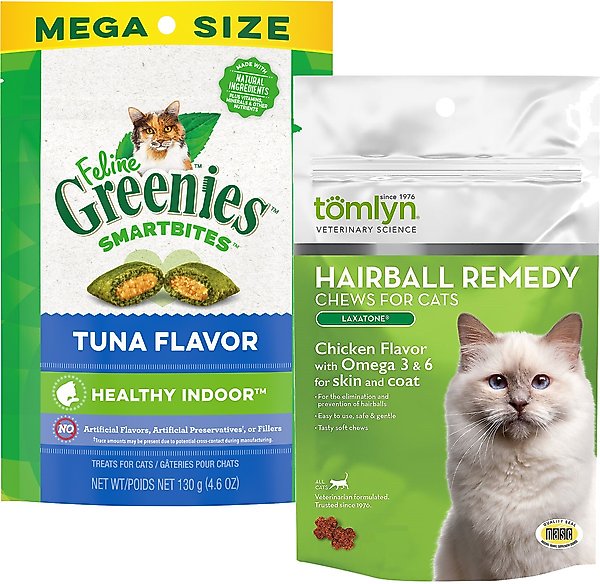Tomlyn Laxatone Hairball Remedy Chicken Flavor Cat Chews, 60 count & Greenies Feline SmartBites Healthy Indoor Tuna Flavor Cat Treats, 4.6-oz bag slide 1 of 6