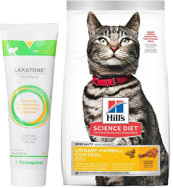 Vetoquinol Laxatone Lubricant for Hairballs Tuna Flavored Cat Oral Gel, 4.25-oz tube & Hill's Science Diet Adult Urinary Hairball Control Dry Cat Food, 15.5-lb bag slide 1 of 5