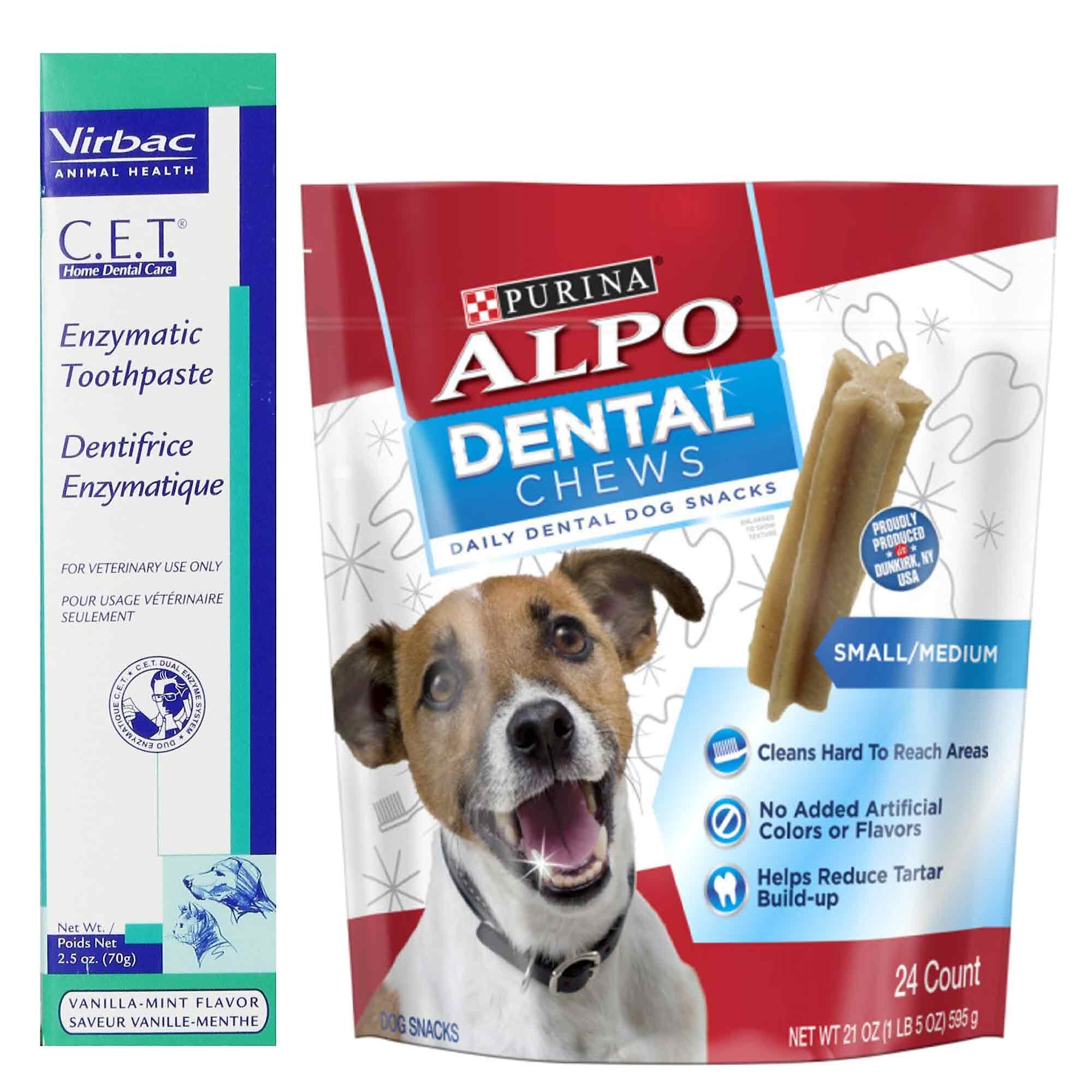 Virbac C.E.T. Enzymatic Vanilla Mint Flavored Dog & Cat Toothpaste & ALPO Dental Chews Small