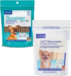 Virbac C.E.T. VeggieDent Fr3sh Tartar Control Dog Chews, Extra Small, 30 count & Virbac C.E.T. Enzymatic Oral Hygiene Dental Dog Chews, X-Small