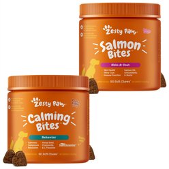 Zesty Paws Zesty Paws All Ages, Calming Bites, Peanut Butter Flavored Soft Chews, Behavior Functional Dog Supplement, 90 count & Zesty Paws Salmon Bites Skin & Coat Dog Supplement, 90 count