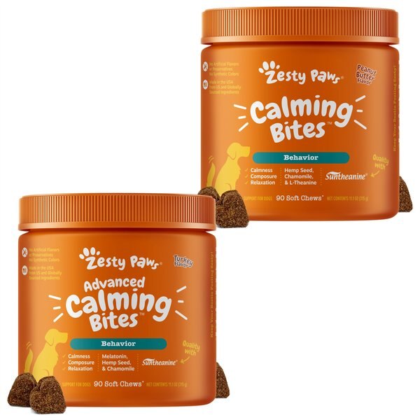 Zesty Paws All Ages, Calming Bites, Peanut Butter Flavored Soft Chews, Behavior Functional Dog Supplement, 90 count & Zesty Paws All Ages, Advanced Calming Bites with Melatonin, Turkey Flavored Soft Chews, Behavior Functional Dog Supplement, 90 count slide 1 of 9