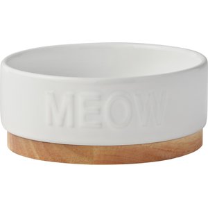 Frisco Round Meow Non-skid Ceramic Cat Bowl with Wood Base, 1.25 Cup, 1 count