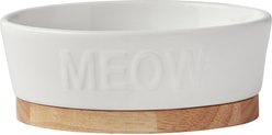 Frisco Oval  Meow Non-skid Ceramic Cat Bowl with Wood Base, 1 cup, 1 count