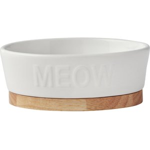 Frisco Oval  Meow Non-skid Ceramic Cat Bowl with Wood Base, 1 Cup, 1 count