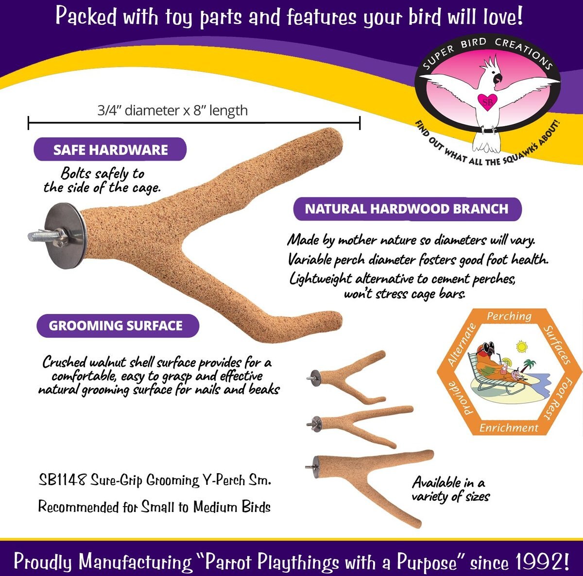 SUPER BIRD CREATIONS SureGrip Grooming Y Bird Perch, Small