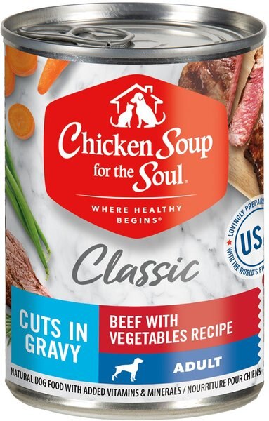 Chicken Soup Classic Cuts in Gravy Beef with Vegetables Recipe Adult Dog Food, 13-oz can, case of 12 slide 1 of 6