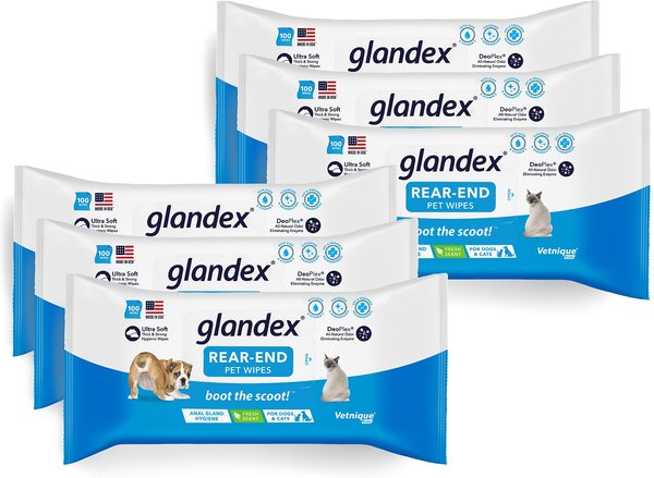 Vetnique Labs Glandex Wipes Cleansing & Deodorizing Anal Gland Hygienic Rear End Dog & Cat Wipes, 100 count, case of 6 slide 1 of 9