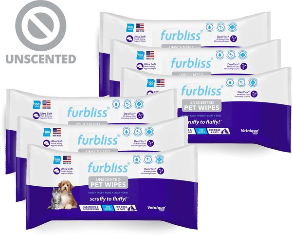 Vetnique Labs Furbliss Pet Wipes Cleansing & Deodorizing Hypoallergenic Paw & Body Dog & Cat Grooming Wipes, Unscented, 100 count, case of 6 slide 1 of 8