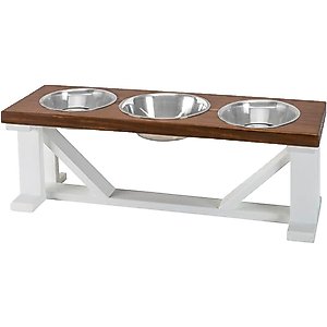 Bearwood Essentials Farmhouse 3-Bowl Elevated Dog Feeder, Chestnut/White, Large