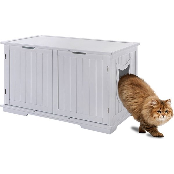 SWEET BARKS Wooden Washroom Bench Cat Litter Box Enclosure, White ...