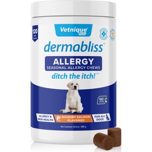 Vetnique Labs Dermabliss Allergy & Immune Salmon Flavored Seasonal Allergy & Fish Oil Soft Chew Supplement for Dogs, 120 count