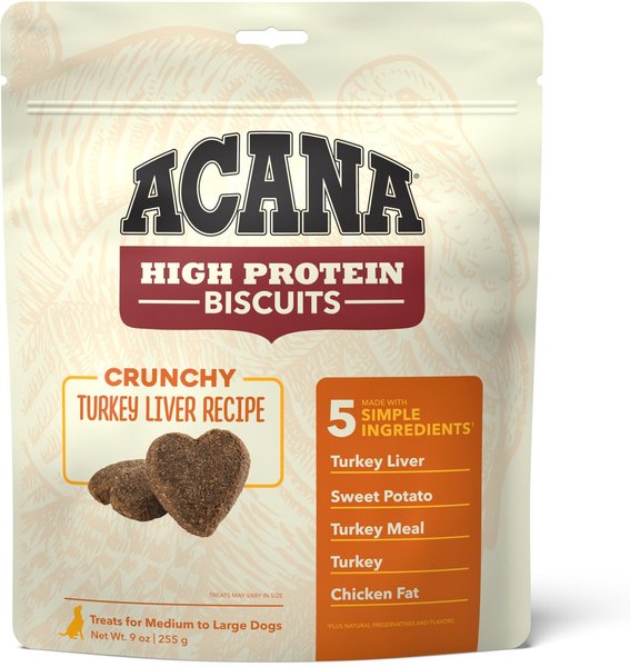 ACANA High-Protein Biscuits Grain-Free Turkey Liver Recipe Med/Large Breed Dog Treats, 9-oz bag slide 1 of 10