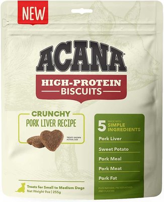 ACANA High-Protein Biscuits Grain-Free Pork Liver Recipe Small/Med Breed Dog Treats, 9-oz bag, slide 1 of 1