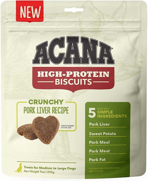 ACANA High-Protein Biscuits Grain-Free Pork Liver Recipe Med/Large Breed Dog Treats, 9-oz bag slide 1 of 10