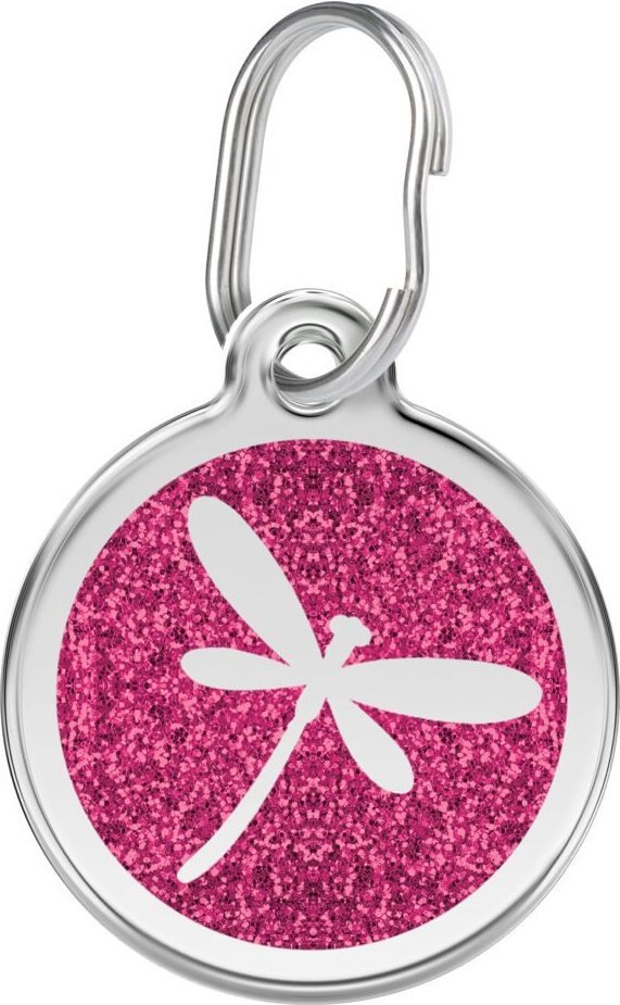 Red Dingo Glitter Dragonfly Stainless Steel Personalized Dog & Cat ID Tag, Pink
