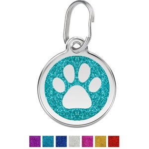 Red Dingo Glitter Paw Print Stainless Steel Personalized Dog & Cat ID Tag, Aqua, Small