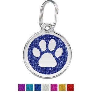 Red Dingo Glitter Paw Print Stainless Steel Personalized Dog & Cat ID Tag, Blue, Small