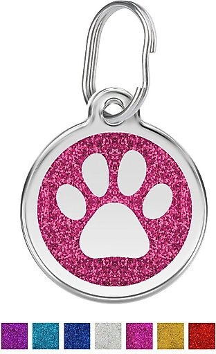 Red Dingo Glitter Paw Print Stainless Steel Personalized Dog & Cat ID Tag, Pink, Medium